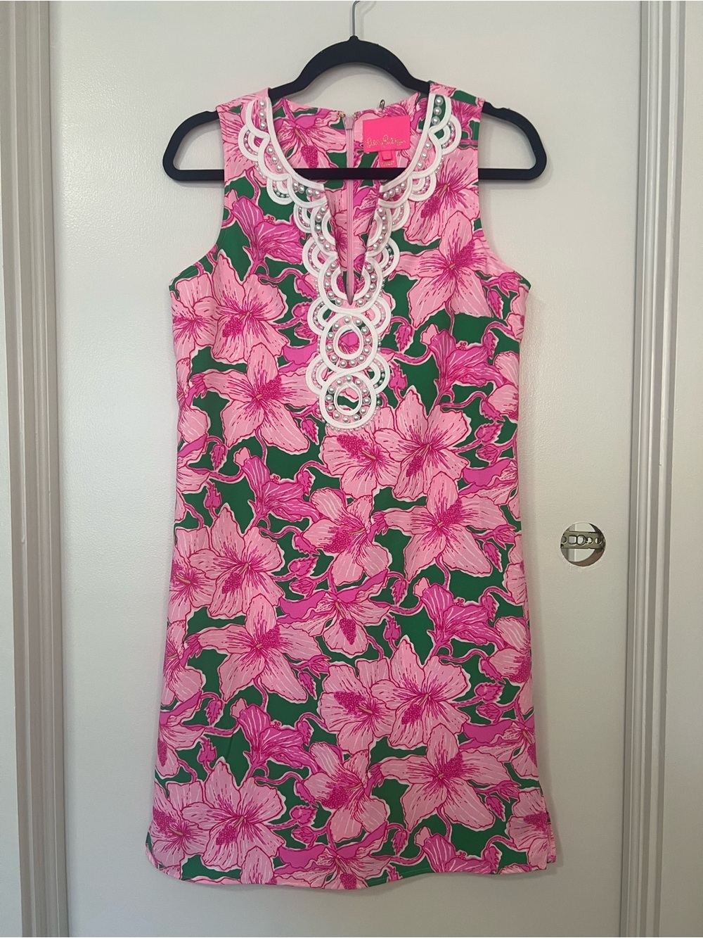 Lily Pulitzer Mini Shift Dress Pink Green Hibis Kiss Pearl Embellished Neck Line